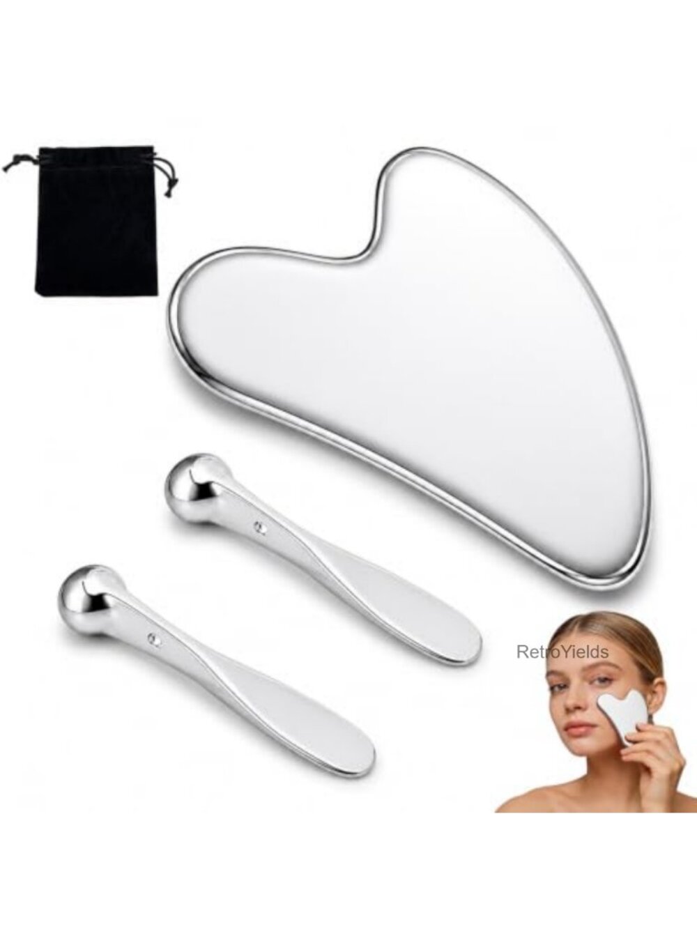 Stainless Steel Gua Sha & 2-in-1 Metal Eye Roller Set for Puffiness & Dark